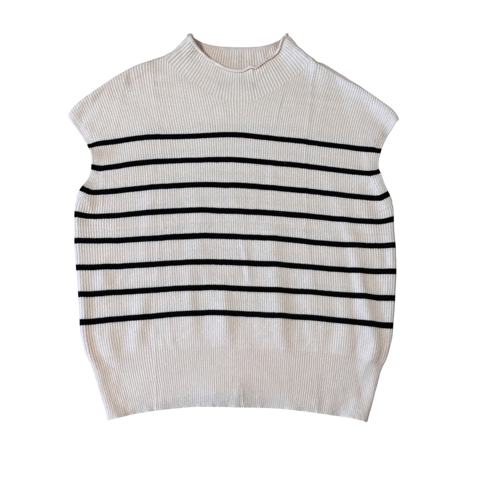 MEROKEETY Womens Striped Mock Neck Sweater Vest Cream Black Ribbed Knit XL